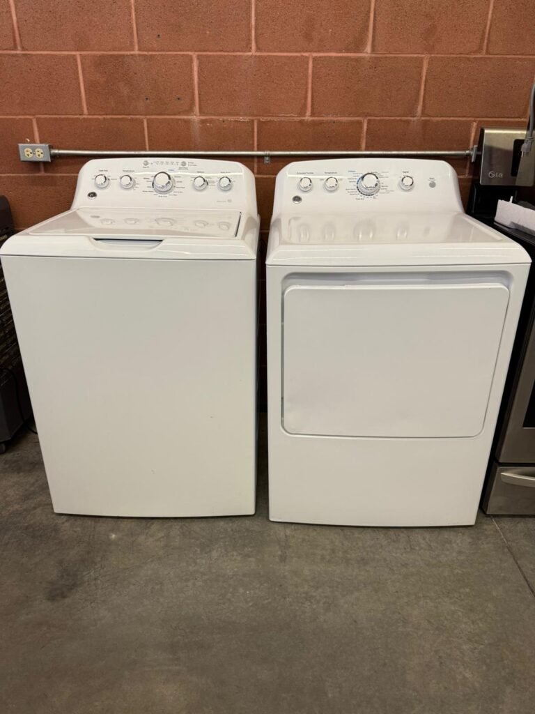 GE 4.2 cu. ft. Top-Loading Washer with 14 Cycles and 7.2 cu. ft. Electric Dryer with 4 Cycles Set in White!