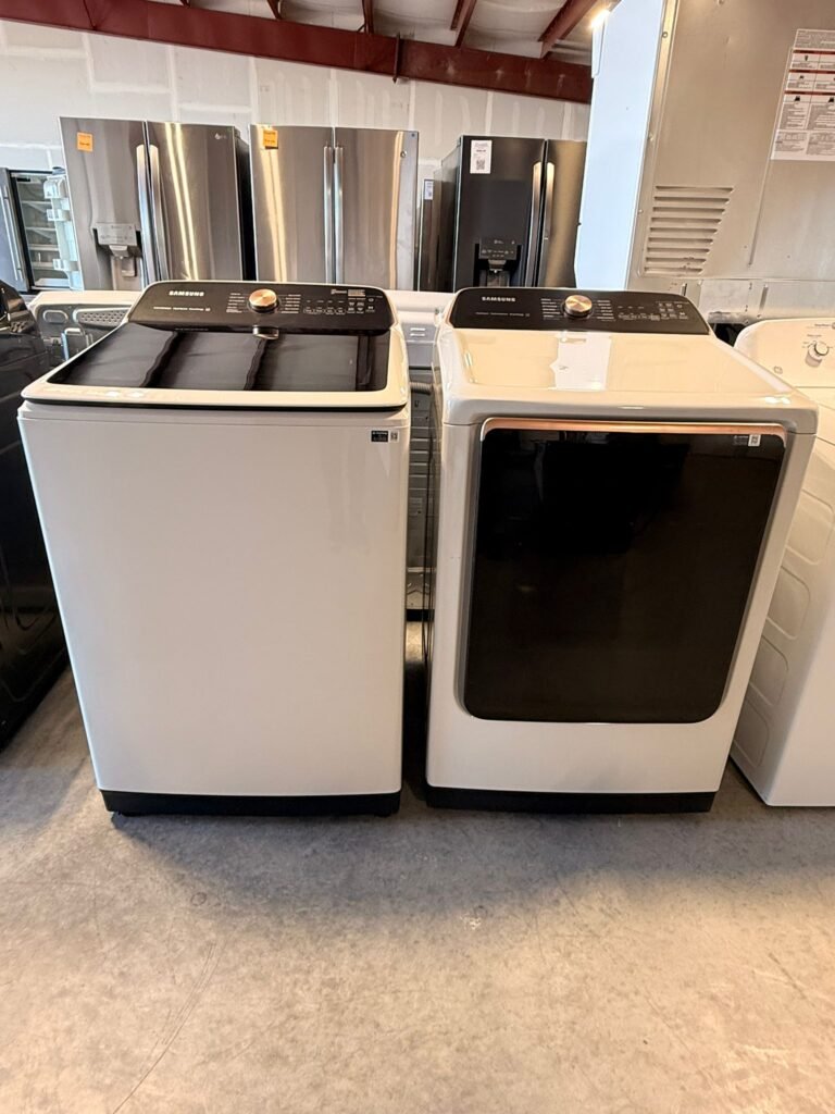 BRAND NEW Open Box Samsung 5.5 cu. ft. Smart Top-Load Washer and 7.4 cu. ft. Smart Front-Load Electric Dryer in White!