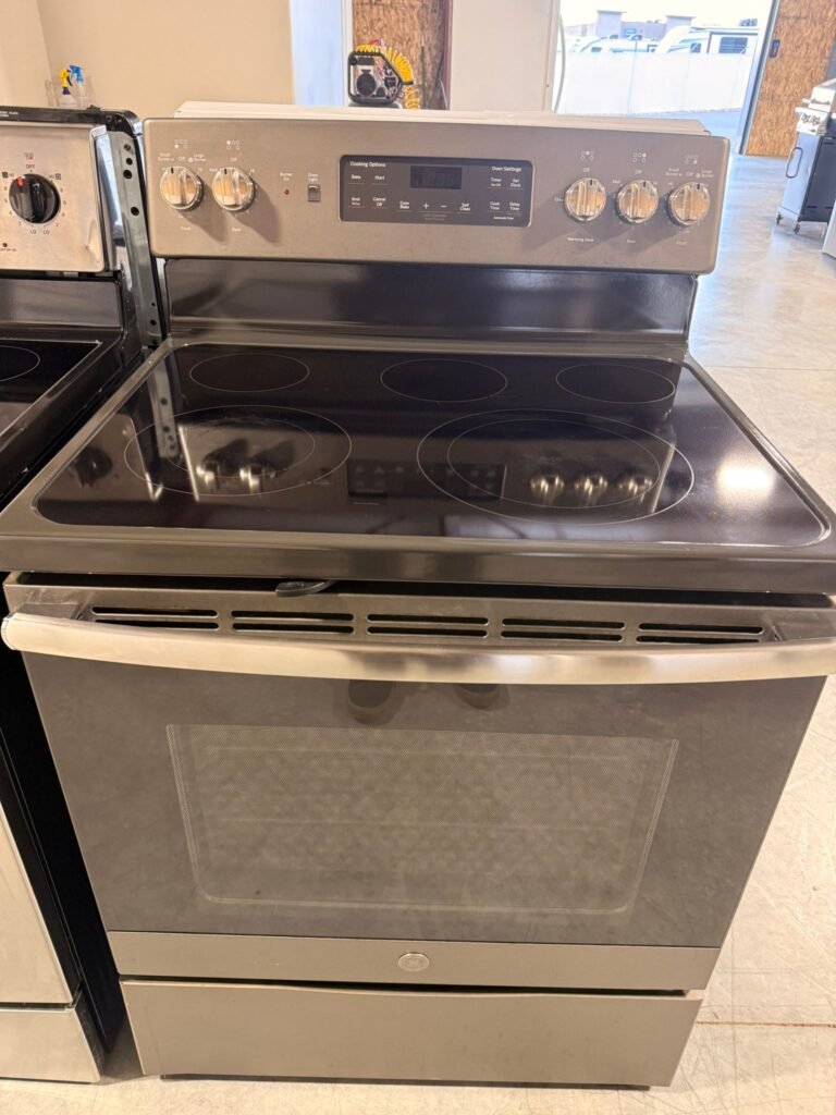 GE 30-Inch Wide Electric Range with Convection Oven, Self-Clean and Warming Zone in Fingerprint Resistant Slate!