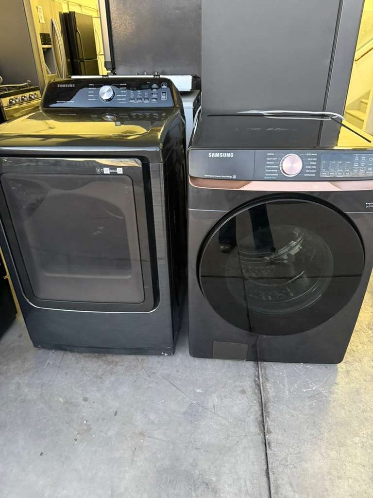 Samsung 5.0 cu. ft. Smart Front-Load Washer and 7.4 cu. ft. Smart Front-Load Electric Dryer in Brushed Black!