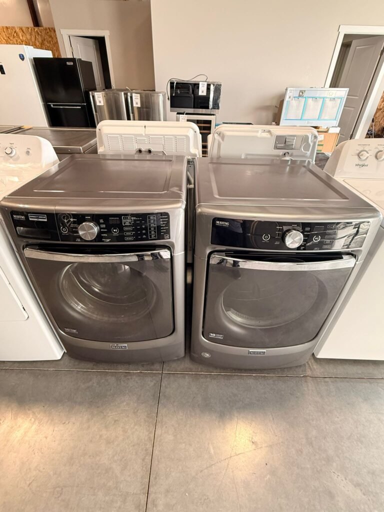 Maytag 4.6 cu. ft. Front-Load Washer and 7.4 cu. ft. Electric Dryer Stackable Set in Metallic Slate!