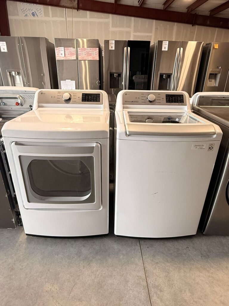 LG 5.0 cu. ft. Large Capacity Top-Load Washer and 7.3 cu. ft. Electric Dryer Set in White!