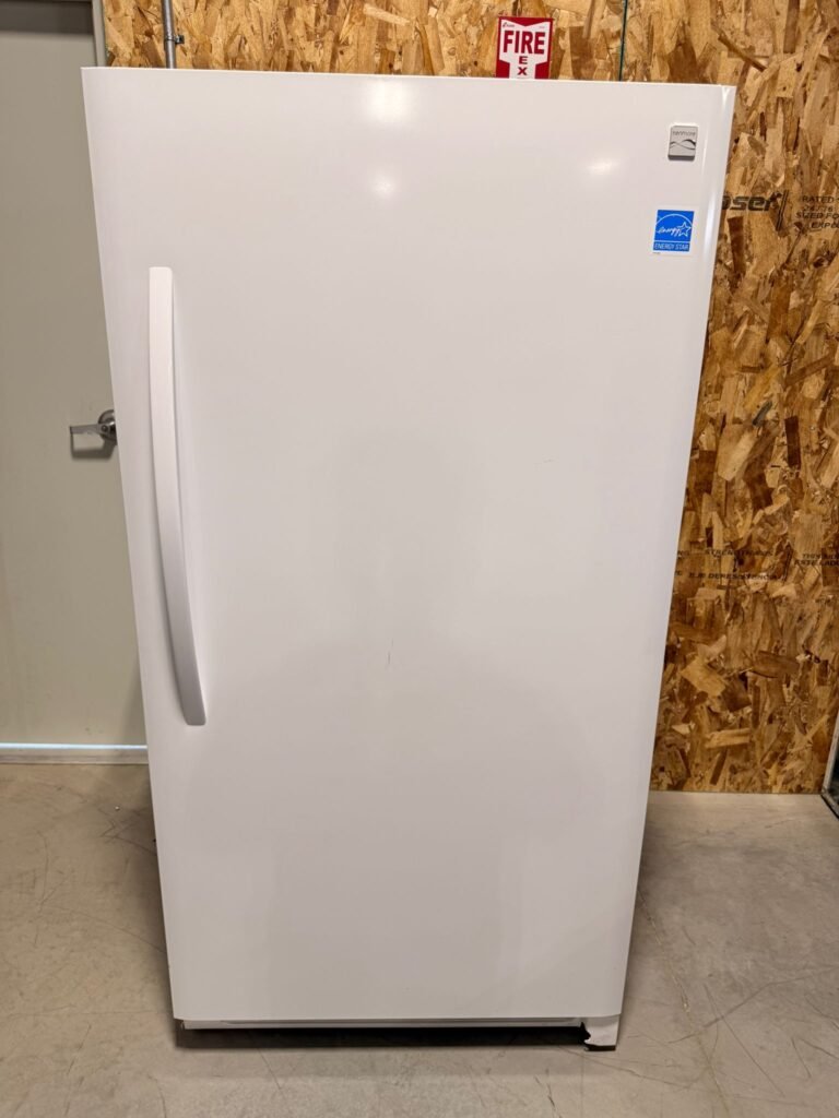 Kenmore 17 cu ft Upright Freezer – White, wire shelves and large door storage. Great condition, fully tested, ideal for garage or basement use
