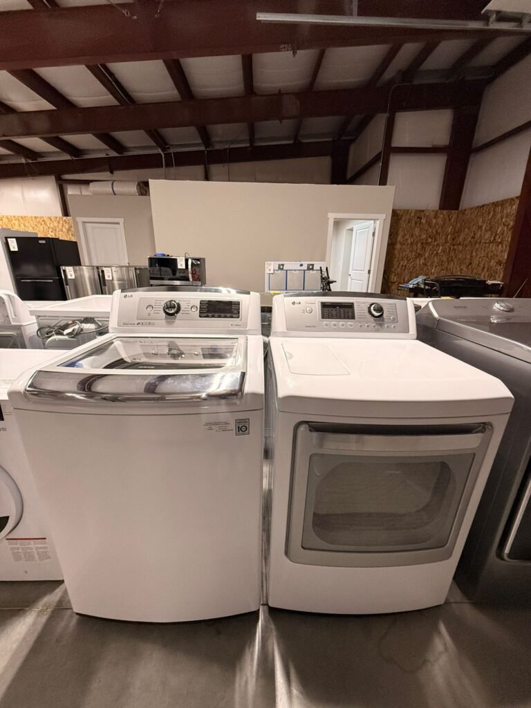 LG 5.0 cu. ft. High-Efficiency Top-Load Washer and 7.3 cu. ft. Electric Dryer Set in White!