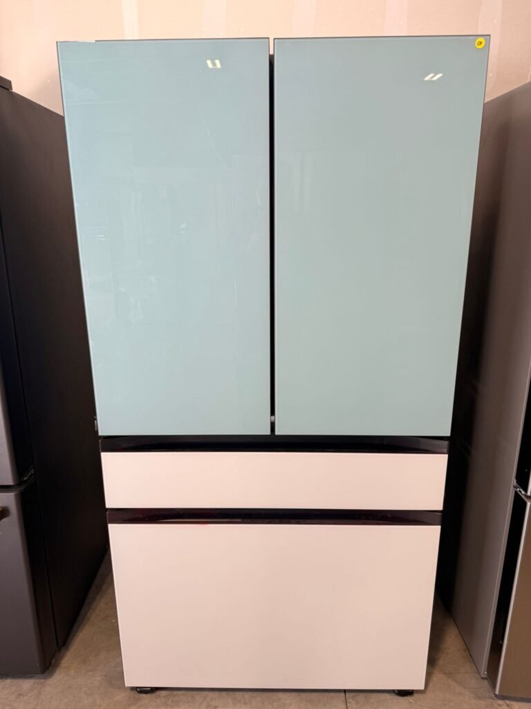 BRAND NEW - Samsung BESPOKE 29 cu. ft. Standard-Depth 4-Door French Door, Door-In-Door Refrigerator! in Morning Blue/White Glass with Beverage Center